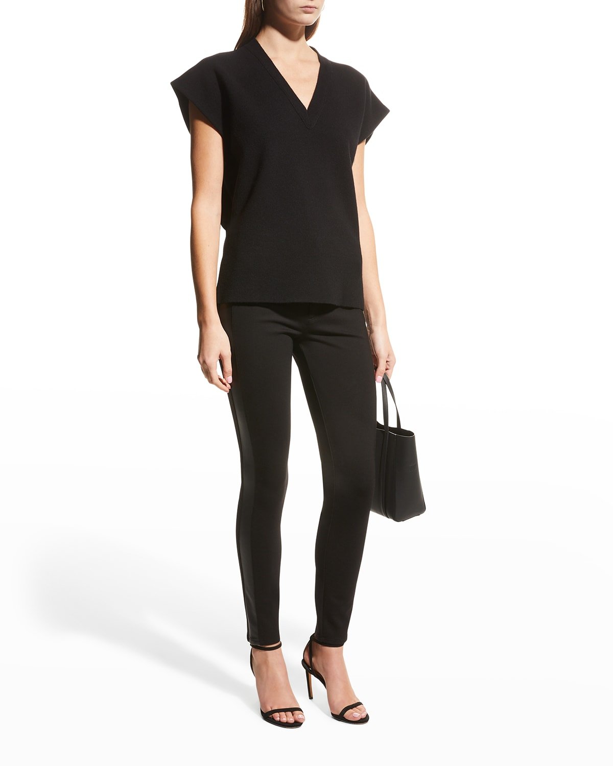 PAIGE Karlee black ankle-length ponte pants with vegan-leather side panels
